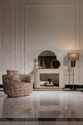 Conjunto de sala de estar Sillón Cómoda Espejo Tela beige Madera Relax 3 piezas