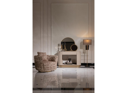 Conjunto de sala de estar Sillón Cómoda Espejo Tela beige Madera Relax 3 piezas