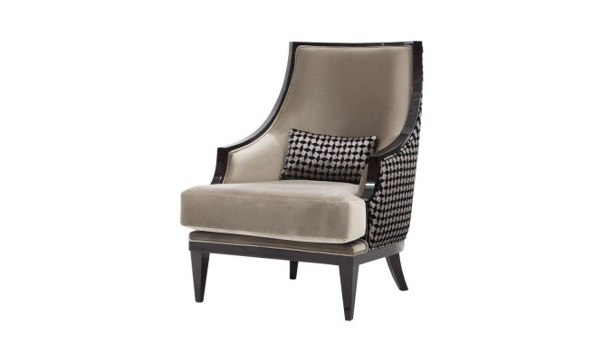 Sillón orejero, individual, de tela gris, clásico de salón.
