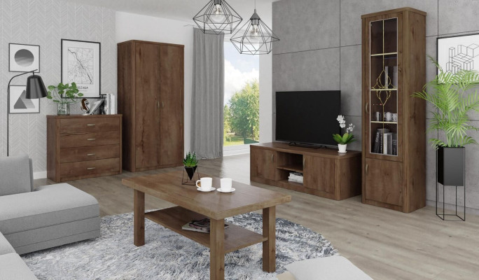 Juego de sala: vitrina, mueble de TV, cómoda, mesa de centro, cómodas, armario, madera, nuevo, 5 piezas.