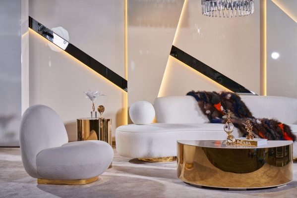 Lujoso conjunto de sala de estar blanco, sofá de 3 plazas, sillón, mesa de centro redonda.