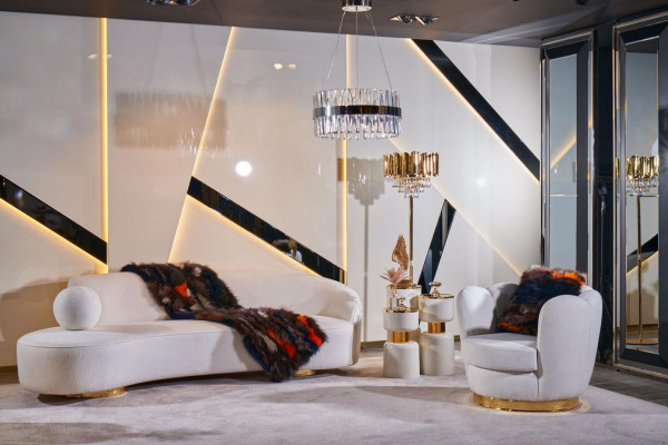 Lujoso conjunto de sala de estar blanco, sofá de 3 plazas, sillón, mesa de centro redonda.