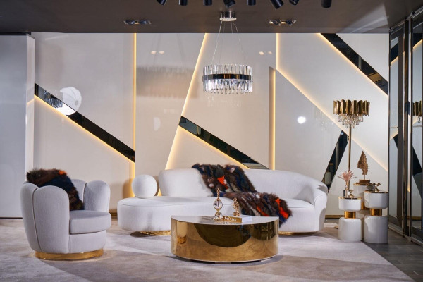 Moderno conjunto de sofá, sofá de tres plazas blanco, sillón de lujo, elegante mesa de centro.