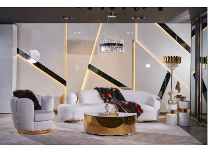 Moderno conjunto de sofá, sofá de tres plazas blanco, sillón de lujo, elegante mesa de centro.