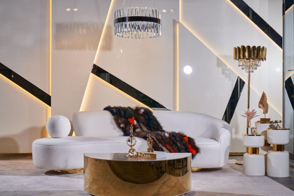 Sofá moderno blanco de lujo tapizado de 3 plazas con mesa de centro semicircular de 2 piezas.