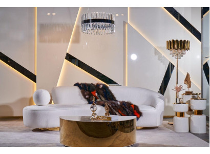 Sofá moderno blanco de lujo tapizado de 3 plazas con mesa de centro semicircular de 2 piezas.