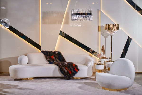 Sofá moderno blanco de lujo tapizado de 3 plazas con mesa de centro semicircular de 2 piezas.