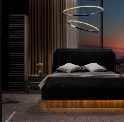 Conjunto de dormitorio marrón-negro. Juego completo, cama y 2 mesitas de noche.