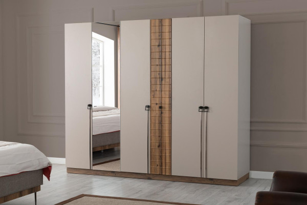 Dormitorio moderno con juego textil, cama doble de madera y armario de 4 piezas.