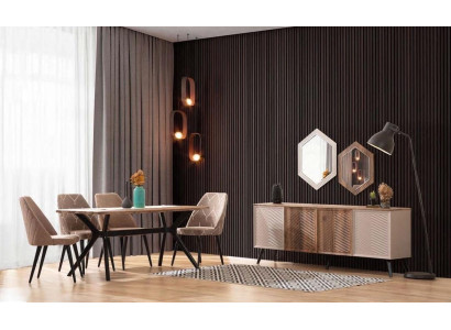 Comedor beige Conjunto de comedor moderno Mesa de comedor Credenza 2 espejos
