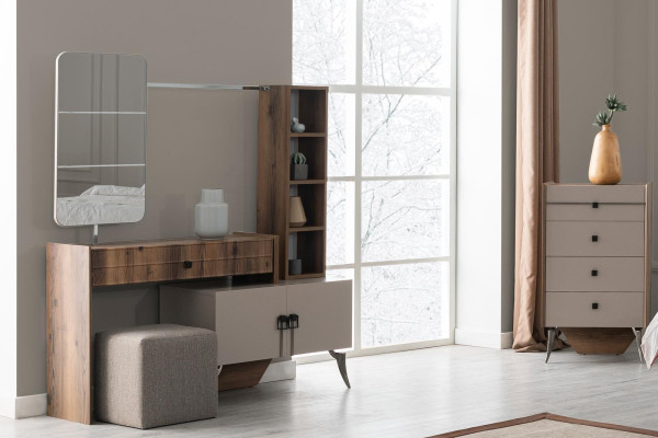 Juego de dormitorio gris cama doble 2 mesitas de noche Madera Tocador
