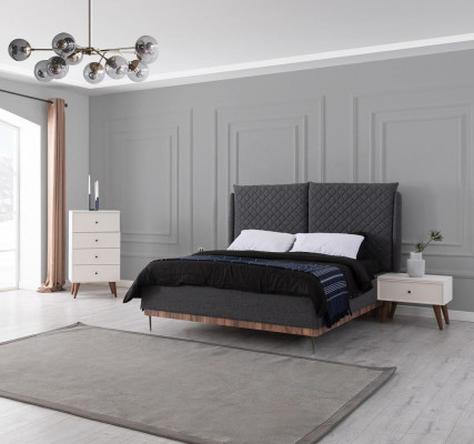 Conjunto de dormitorio gris y blanco Cama Mesitas de noche Cómoda de 4 cajones