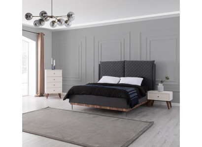 Conjunto de dormitorio gris y blanco Cama Mesitas de noche Cómoda de 4 cajones