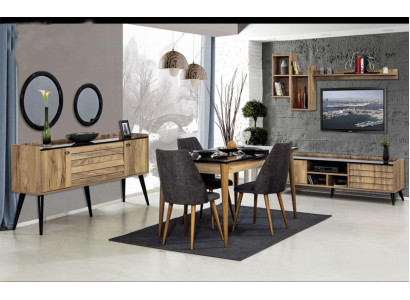 Set de comedor negro-marrón Mesa 4 sillas Aparador Espejo 8 piezas