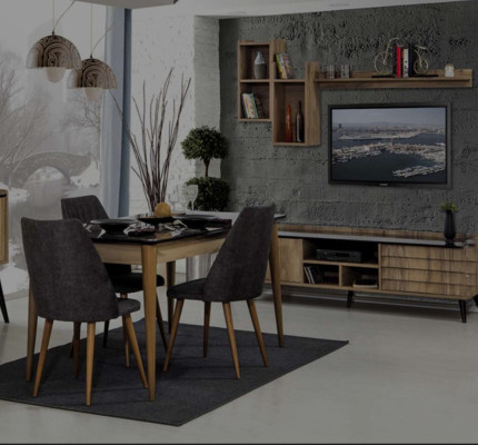 Set de comedor negro-marrón Mesa 4 sillas Aparador Espejo 8 piezas