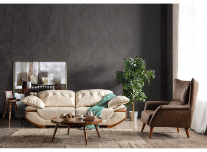 Blanco-marrón conjunto de sofás de salón de diseñador de tres plazas y sillón de lujo.