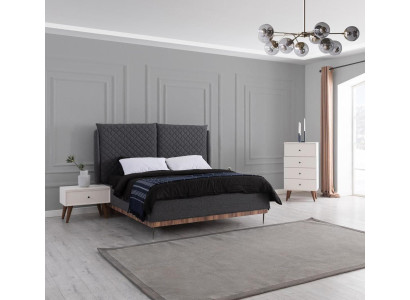 Juego de dormitorio Cama doble negra 2 mesitas de noche de madera blanca