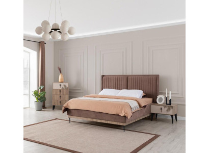 Habitación principal marrón Cama doble Diseñador Madera Moderna 2 mesitas de noche