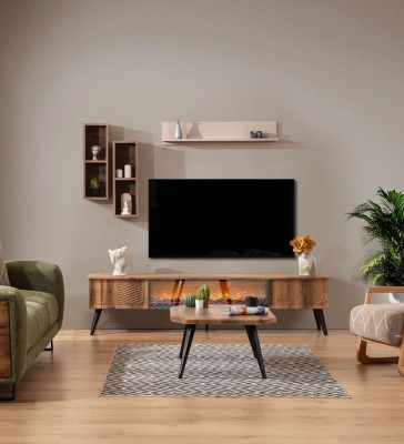 Conjunto de sala de estar de muebles de pared de diseñador, mueble bajo para TV con estanterías colgantes de 3 piezas.