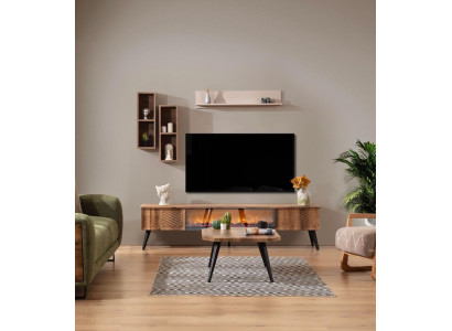 Conjunto de sala de estar de muebles de pared de diseñador, mueble bajo para TV con estanterías colgantes de 3 piezas.
