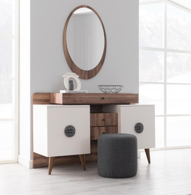 Mesa de maquillaje marrón y blanco con espejo muebles de madera de lujo para dormitorio.