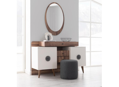 Mesa de maquillaje marrón y blanco con espejo muebles de madera de lujo para dormitorio.