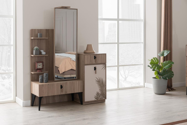 Dormitorio de lujo, cómoda moderna con espejo Muebles modernos de madera nuevos.