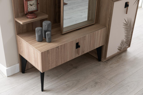 Dormitorio de lujo, cómoda moderna con espejo Muebles modernos de madera nuevos.