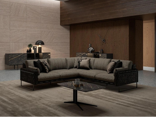 Conjunto sofá rinconera en forma de L marrón textil salón lujoso mesa de centro nuevo decoración.