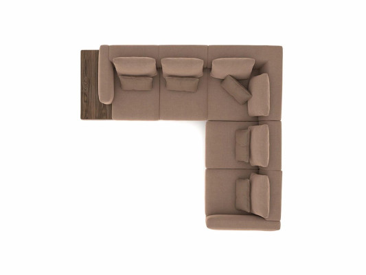 Conjunto de salón de diseño, sofá en forma de L con mesa de centro, decoración.