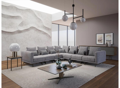 Sofá de esquina L-forma de textil muebles neu komplett para sala de estar con mesa de centro de madera.