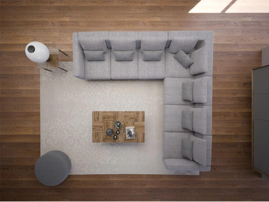 Sofá de esquina L-forma de textil muebles neu komplett para sala de estar con mesa de centro de madera.