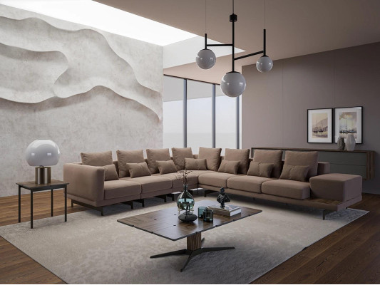 Sofá de diseñador de lujo en forma de L con mesa de centro de madera, mobiliario nuevo
