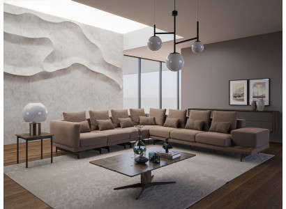 Sofá de diseñador de lujo en forma de L con mesa de centro de madera, mobiliario nuevo