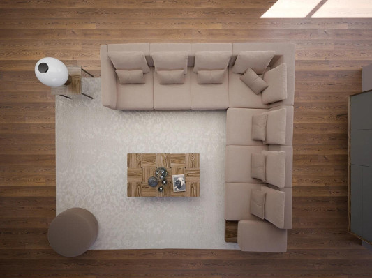 Sofá de diseñador de lujo en forma de L con mesa de centro de madera, mobiliario nuevo