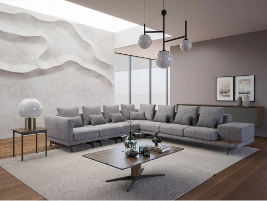 Luxus Set de sala de estar con sofá tapizado en textil en forma de L y mesa de café de madera con mesa auxiliar.