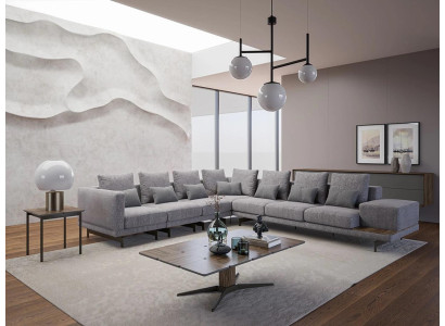 Luxus Set de sala de estar con sofá tapizado en textil en forma de L y mesa de café de madera con mesa auxiliar.