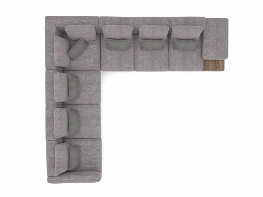 Luxus Set de sala de estar con sofá tapizado en textil en forma de L y mesa de café de madera con mesa auxiliar.