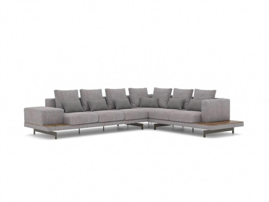 Sofá de lujo en gris en forma de L con mesa de café de madera y mesa auxiliar para la sala de estar.