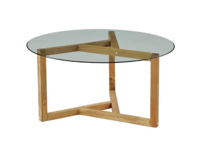 Mesa de centro con tapa de cristal y patas de madera para la sala de estar, muebles modernos y minimalistas.