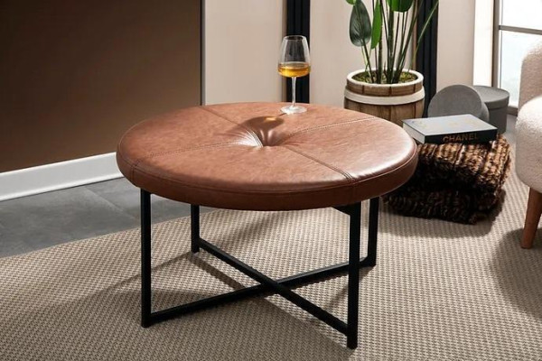 Mesa de centro de cuero marrón y metal para sala de estar, muebles de alta calidad, nuevos, elegantes y modernos.