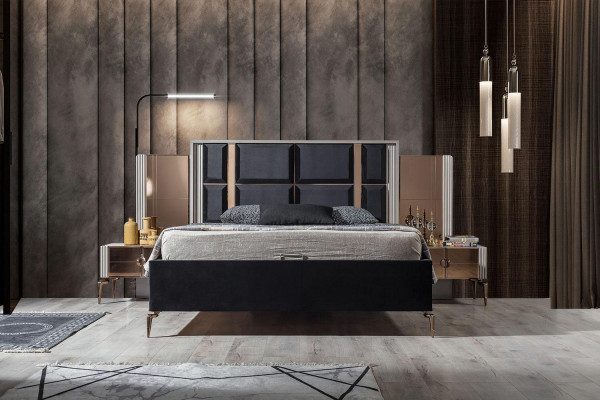 Juego de dormitorio moderno con cama, 2 mesitas de noche, armario y tocador.