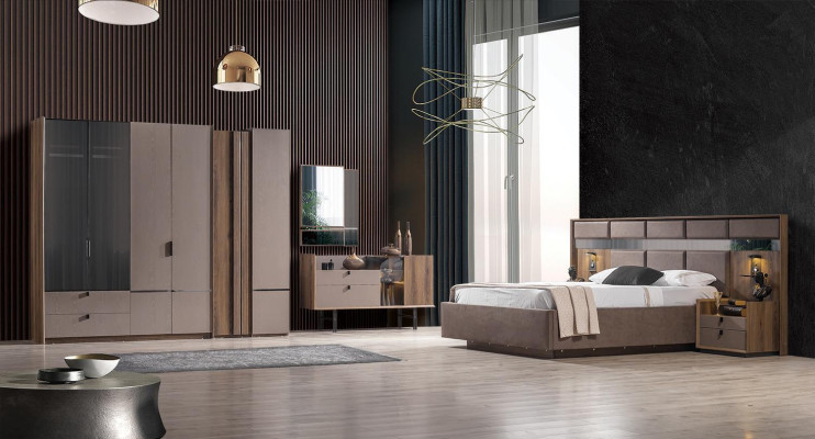 Exquisito juego de dormitorio: cama, 2 mesitas de noche, tocador, armario nuevo