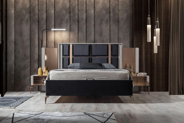 Juego de cama moderno perfecto y 2 mesitas de noche de lujo, nuevos en el dormitorio.