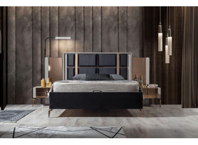 Juego de cama moderno perfecto y 2 mesitas de noche de lujo, nuevos en el dormitorio.