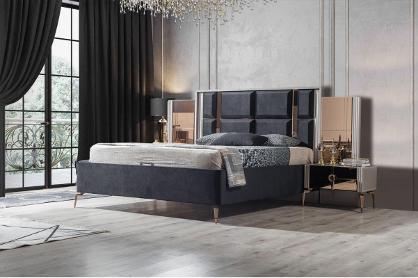 Juego de cama moderno perfecto y 2 mesitas de noche de lujo, nuevos en el dormitorio.
