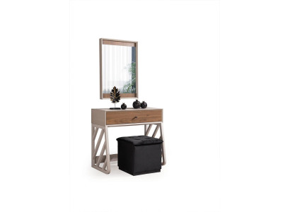 Conjunto moderno de dormitorio que incluye tocador con espejo en color beige, nuevo.