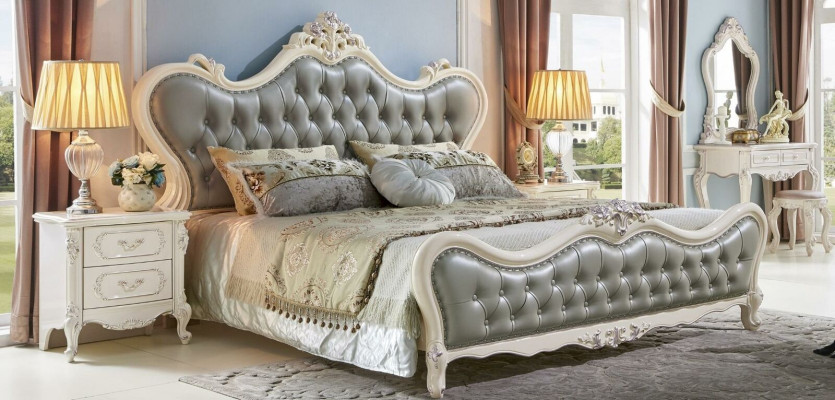 Diseño de cama Mesita de noche 3 piezas. Conjunto de dormitorio. Lujo moderno de cuero de madera maciza.
