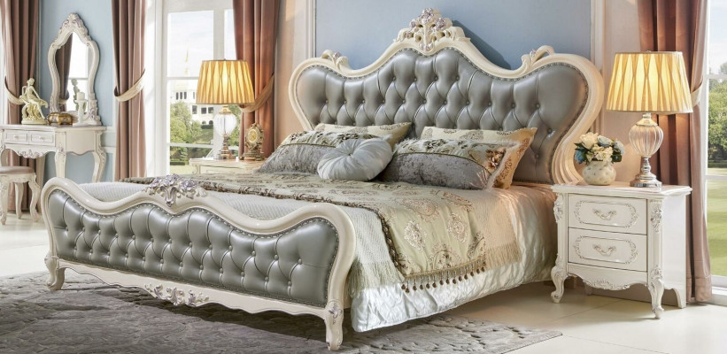 Diseño de cama Mesita de noche 3 piezas. Conjunto de dormitorio. Lujo moderno de cuero de madera maciza.