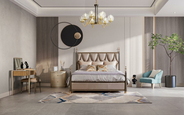 Cama mesita de noche tocador 4 piezas Conjunto de dormitorio Diseño moderno Madera maciza